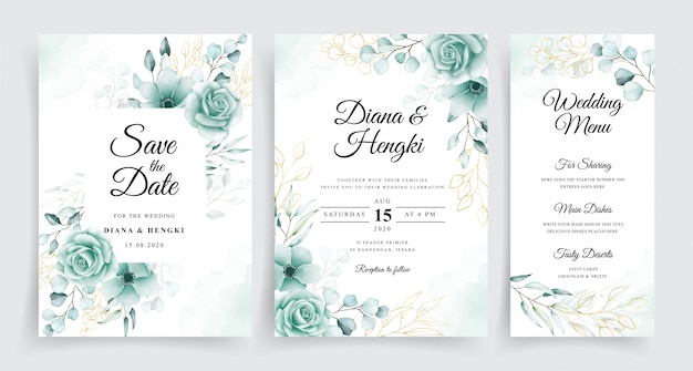 Elegant wedding cards template set with watercolor eucalyptus