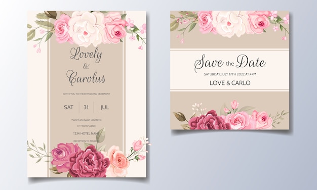 Elegant wedding invitation card set template with beautiful floral and leaves