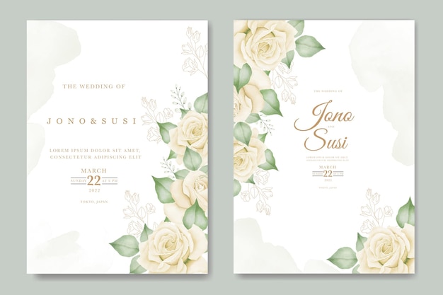 Elegant wedding invitation card set template with beautiful flowers and leaves watercolor