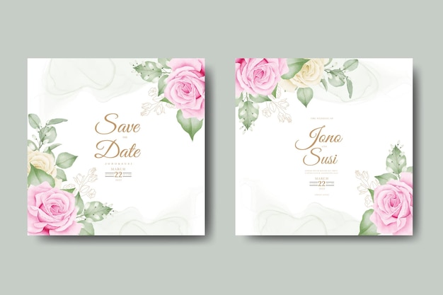 Elegant wedding invitation card set template with beautiful flowers and leaves watercolor