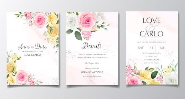 Elegant wedding invitation card set template with colorful flower and greenery leaves