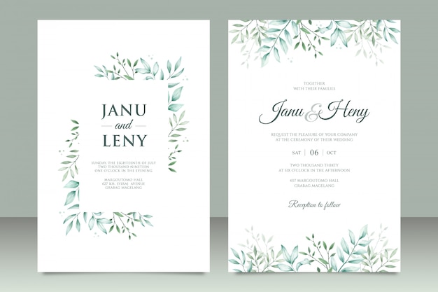 Elegant wedding invitation card set with beautiful leaves watercolor