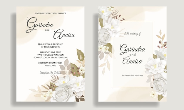 Elegant wedding invitation card template set with beautiful white floral and leaves  