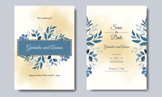 Elegant Wedding invitation card template set with  blue  leaves decoration 