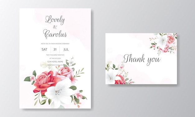 Elegant wedding invitation card template set with floral decoration