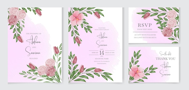 Elegant wedding invitation card template set with leaves and splash