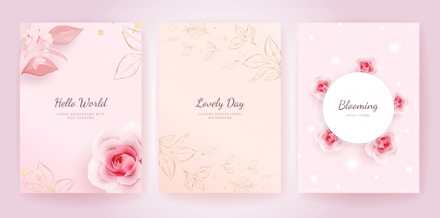 Elegant Wedding invitation card template set with peach roses and golden leaves