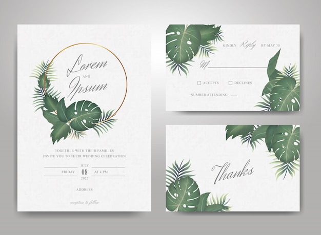 Elegant Wedding Invitation Card Template Set with Tropical Leaves and Watercolor Splash Background