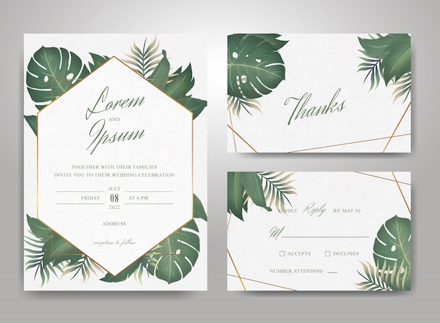 Elegant Wedding Invitation Card Template Set with Tropical Leaves and Watercolor Splash Background