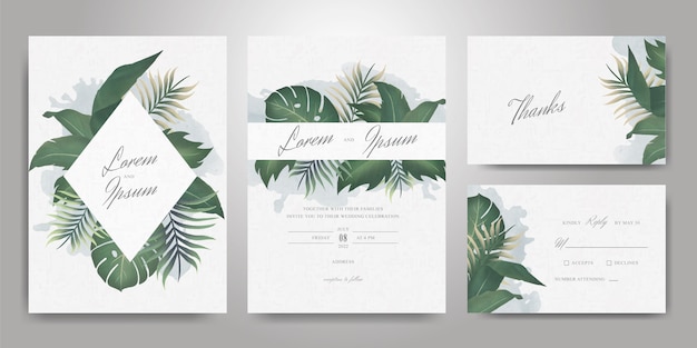 Elegant Wedding Invitation Card Template Set with Tropical Leaves and Watercolor Splash