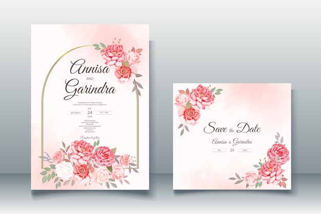 Elegant wedding invitation card template with beautiful floral leaves Premium Vector