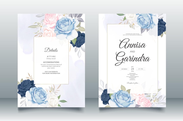 Elegant wedding invitation card template with floral and leaves pink  navy blue Premium Vector