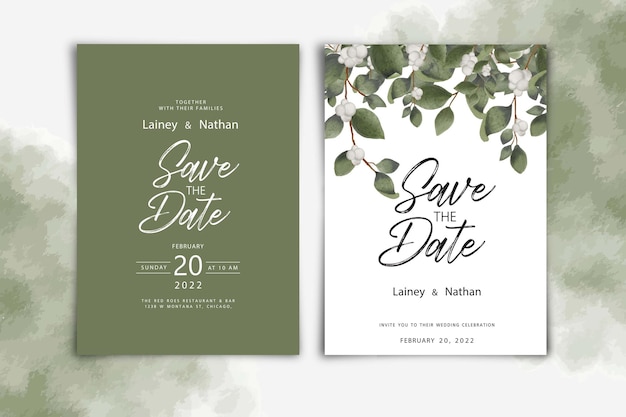 Elegant wedding invitation card watercolor floral with green leaf