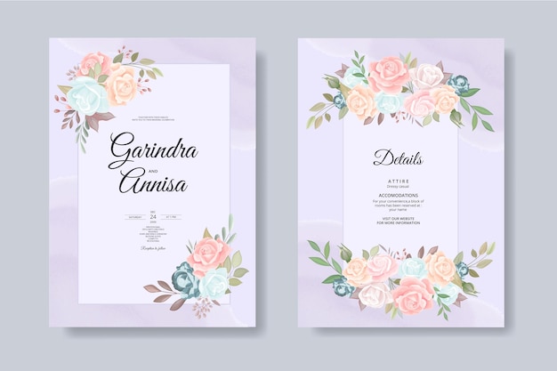 Elegant wedding invitation card with beautiful floral and leaves template Premium Vector