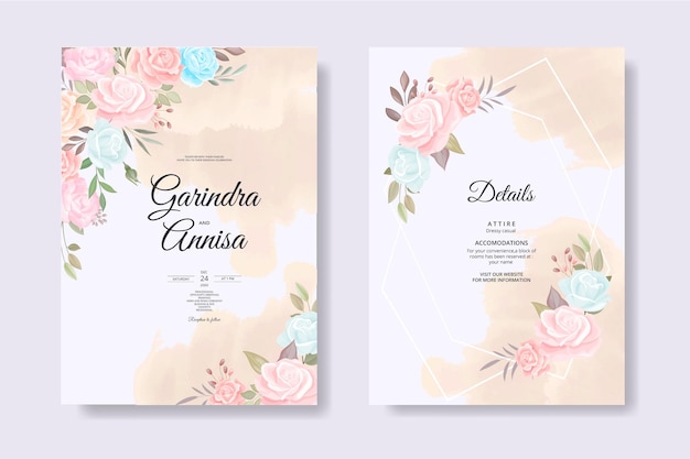 Elegant wedding invitation card with beautiful floral and leaves template Premium Vector