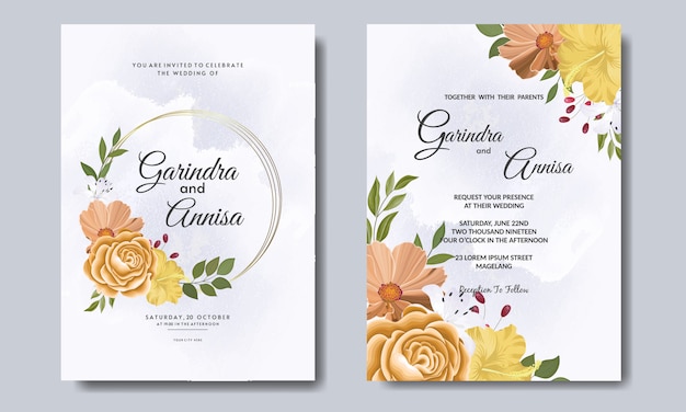 Elegant wedding invitation card with beautiful floral and leaves template Premium Vector