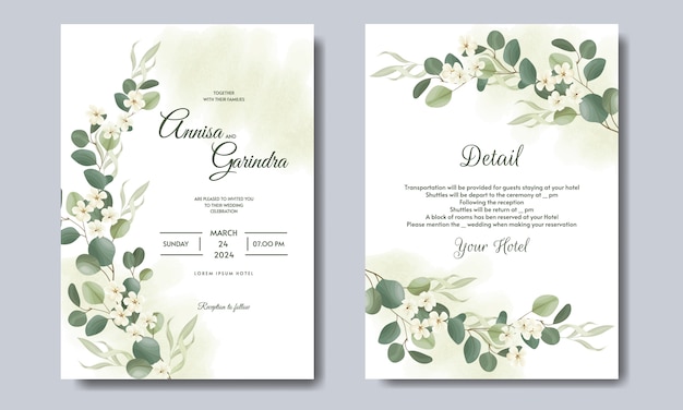 Elegant wedding invitation card with beautiful floral and leaves template premium  