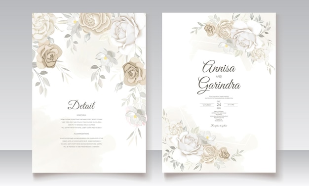 Elegant wedding invitation card with beautiful floral and leaves template