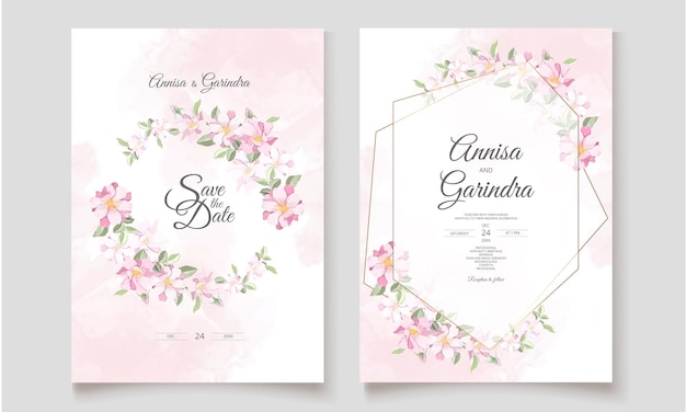 Elegant wedding invitation card with beautiful floral and leaves template  