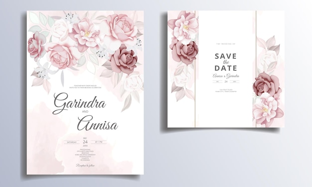 Elegant wedding invitation card with beautiful floral and leaves template  