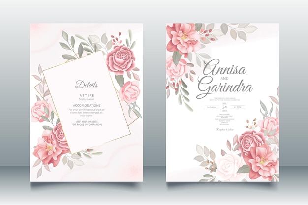 Elegant wedding invitation card with beautiful floral and leaves template