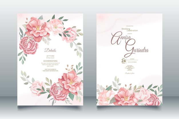 Elegant wedding invitation card with beautiful floral and leaves template