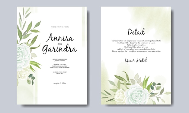 Elegant wedding invitation card with beautiful floral and leaves template  