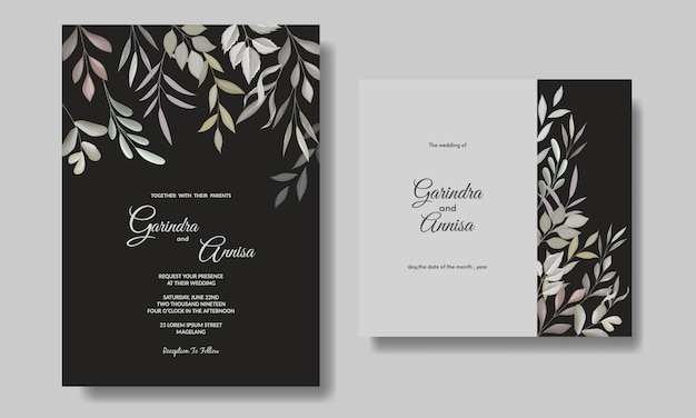 Elegant wedding invitation card with beautiful floral and leaves template  