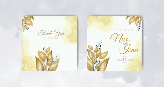 elegant wedding invitation card with beautiful leaves watercolor