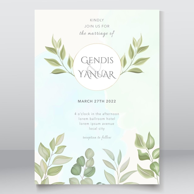 Elegant wedding invitation card with beautiful leaves