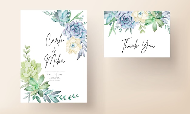 elegant wedding invitation card with beautiful succulent flower watercolor