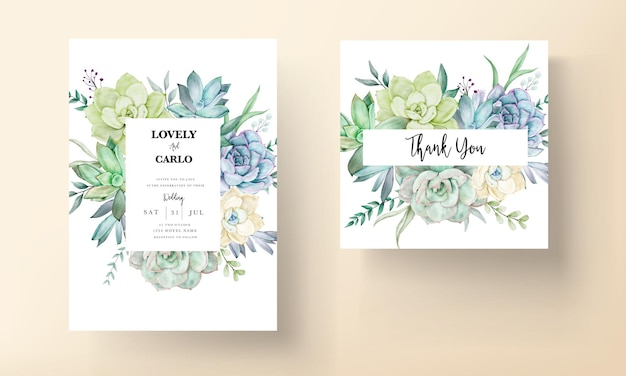 elegant wedding invitation card with beautiful succulent flower watercolor