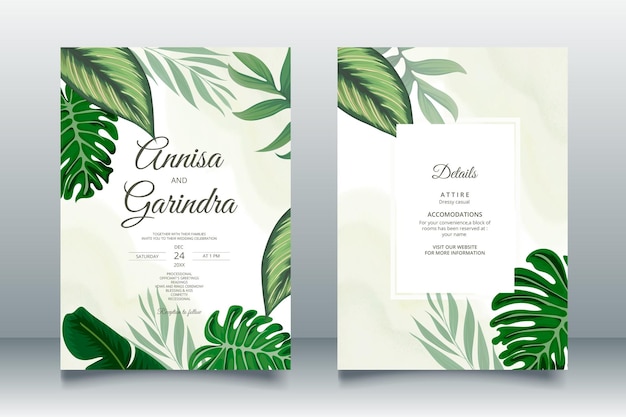 Elegant wedding invitation card with beautiful tropical leaves template Premium Vector