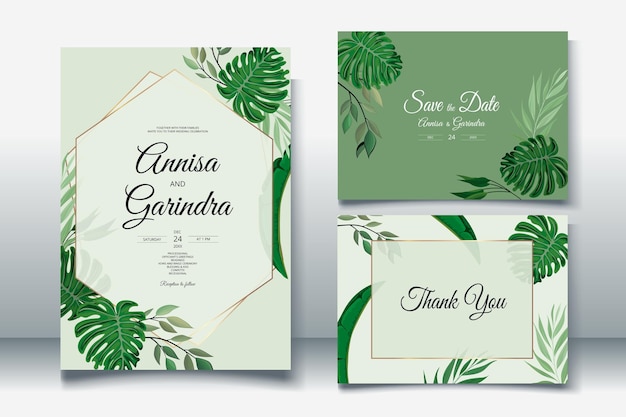 Elegant wedding invitation card with beautiful tropical leaves template Premium Vector