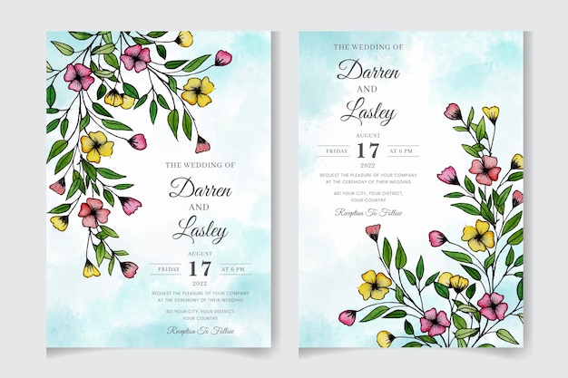 Elegant wedding invitation card with beautiful watercolor flowers leaves watercolor texture