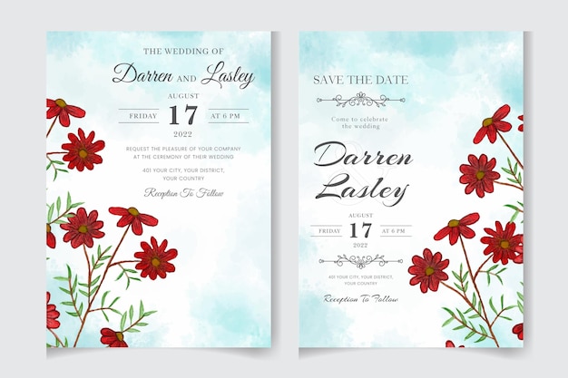 Elegant wedding invitation card with beautiful watercolor flowers leaves watercolor texture