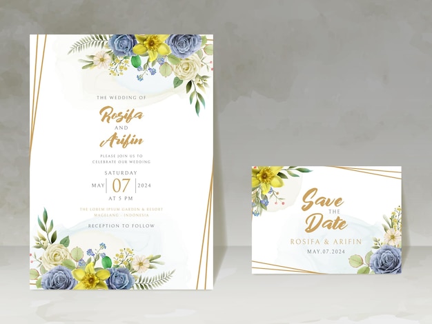 elegant wedding invitation card with blue and yellow flowers watercolor