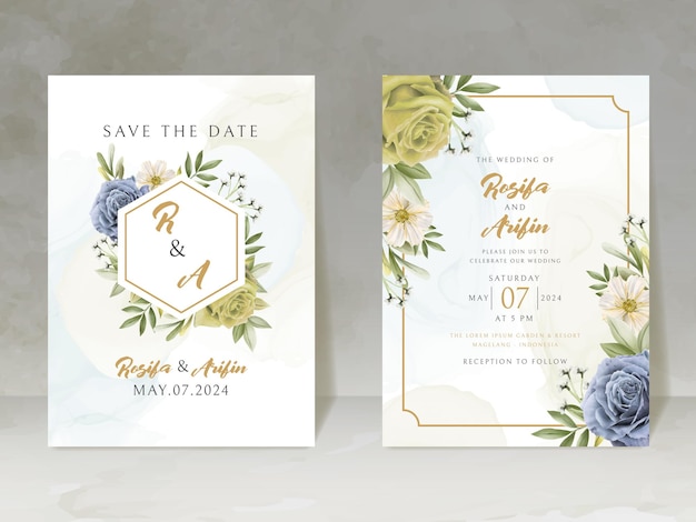 elegant wedding invitation card with blue and yellow flowers watercolor