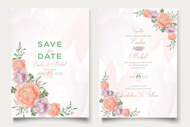 Elegant Wedding invitation
card with colorful floral and leaves template