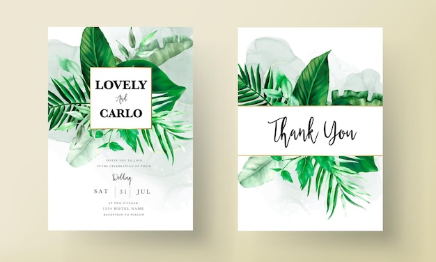 Elegant wedding invitation card with green tropical watercolor