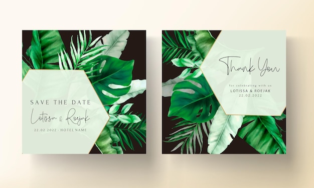 Elegant wedding invitation card with green tropical watercolor