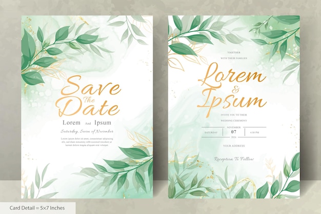 Elegant Wedding Invitation Card with Watercolor and Greenery Leaves