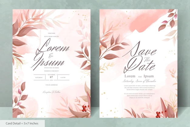 Elegant Wedding Invitation Card with Watercolor and Greenery Leaves