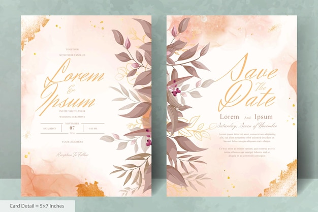 Elegant Wedding Invitation Card with Watercolor and Greenery Leaves