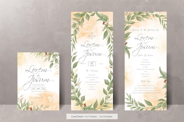 Elegant Wedding Invitation Card with Watercolor and Greenery Leaves