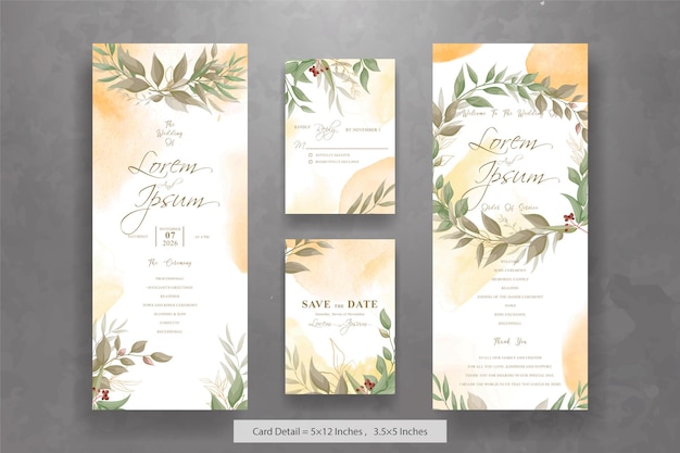 Elegant Wedding Invitation Card with Watercolor and Greenery Leaves