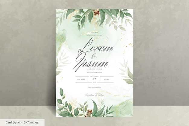 Vector elegant wedding invitation card with watercolor and greenery leaves