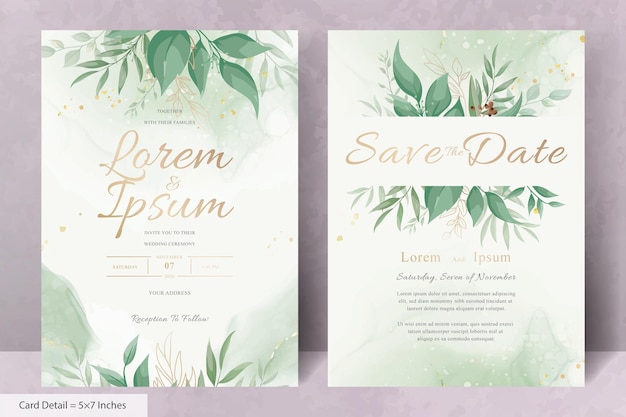 Elegant Wedding Invitation Card with Watercolor and Greenery Leaves