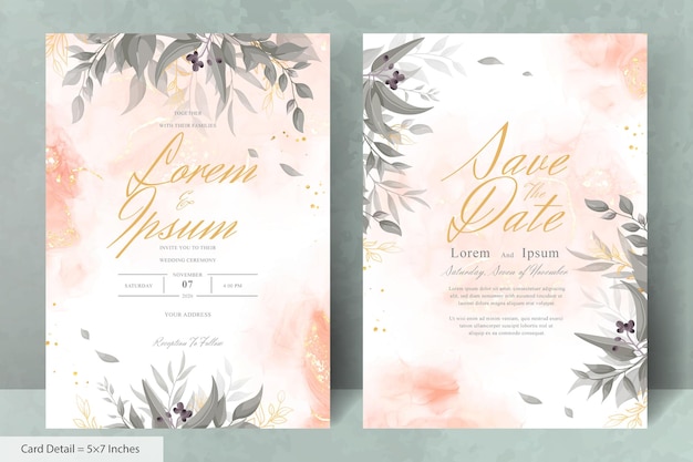 Elegant Wedding Invitation Card with Watercolor and Greenery Leaves