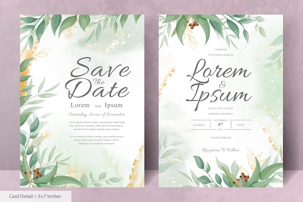 Elegant Wedding Invitation Card with Watercolor and Greenery Leaves